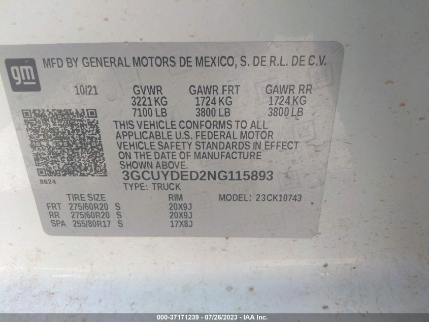 2022 CHEVROLET SILVERADO 1500 LTD LT 3GCUYDED2NG115893