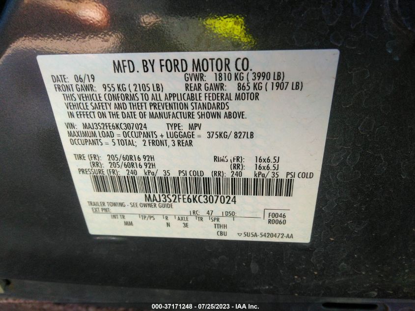 2019 FORD ECOSPORT S - MAJ3S2FE6KC307024