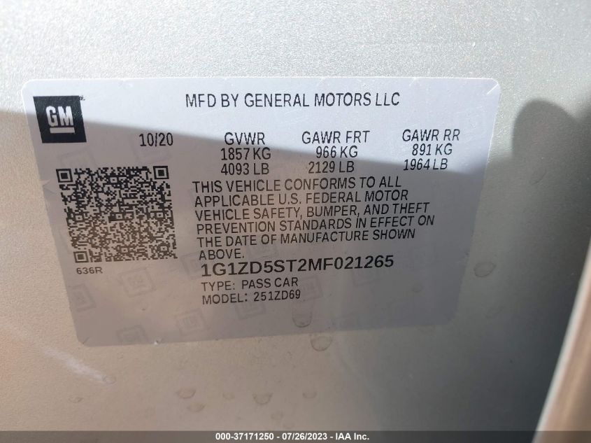 2021 CHEVROLET MALIBU LT - 1G1ZD5ST2MF021265