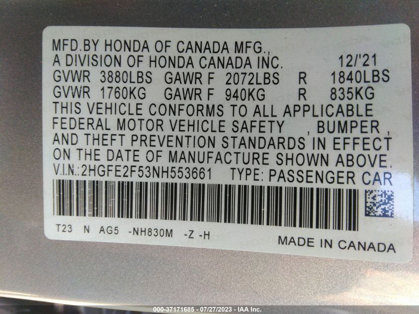 2022 HONDA CIVIC SEDAN SPORT - 2HGFE2F53NH553661