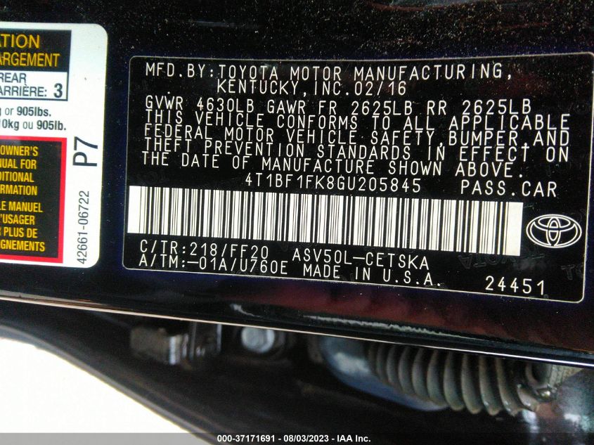 2016 TOYOTA CAMRY XLE/SE/LE/XSE - 4T1BF1FK8GU205845
