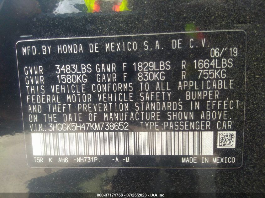 2019 HONDA FIT LX - 3HGGK5H47KM738652