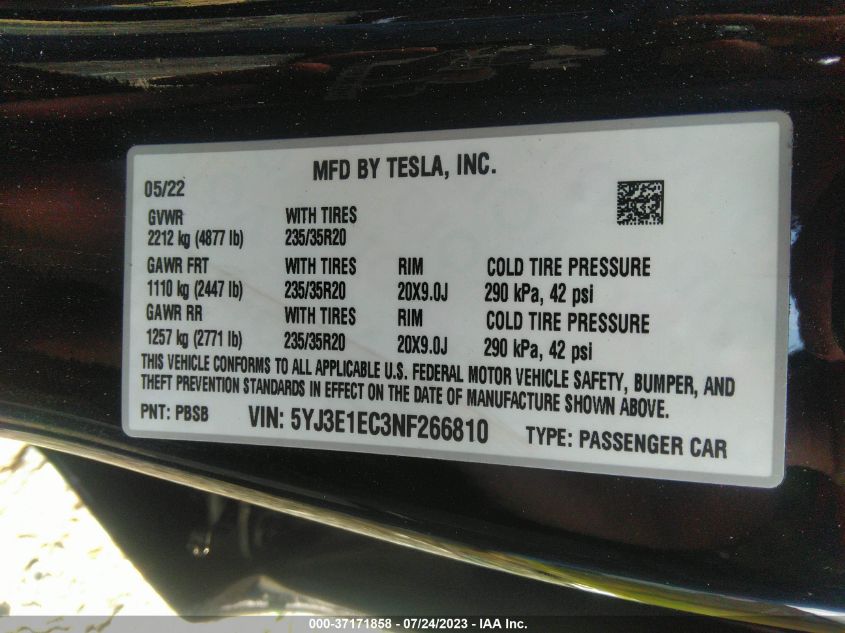 2022 TESLA MODEL 3 PERFORMANCE - 5YJ3E1EC3NF266810