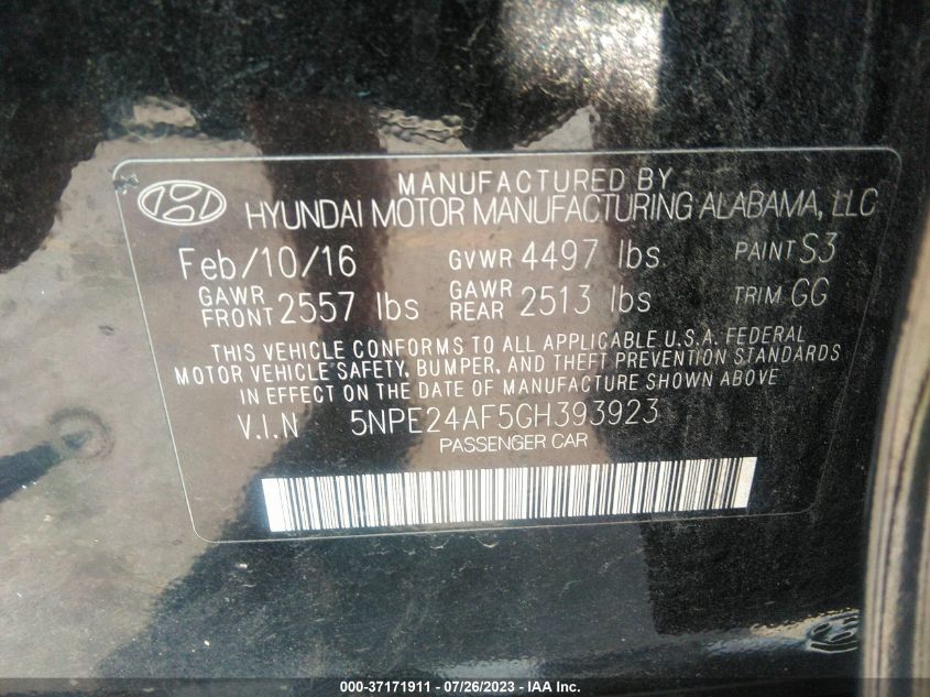 2016 HYUNDAI SONATA 2.4L - 5NPE24AF5GH393923