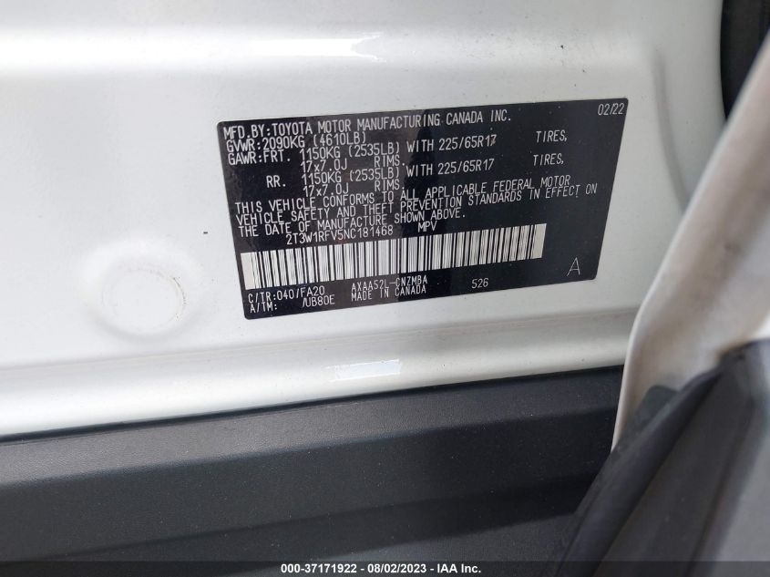 2022 TOYOTA RAV4 XLE/XLE PREMIUM - 2T3W1RFV5NC181468