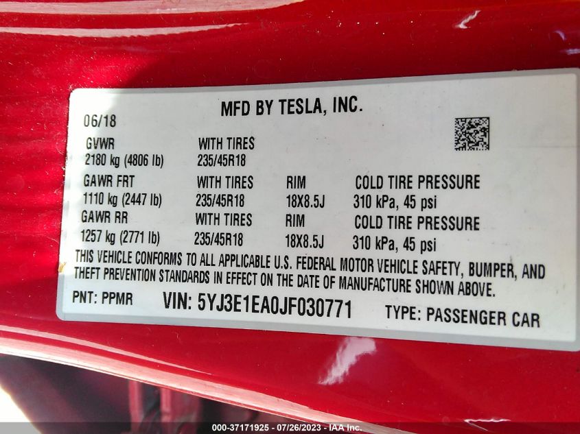 2018 TESLA MODEL 3 RANGE BATTERY - 5YJ3E1EA0JF030771