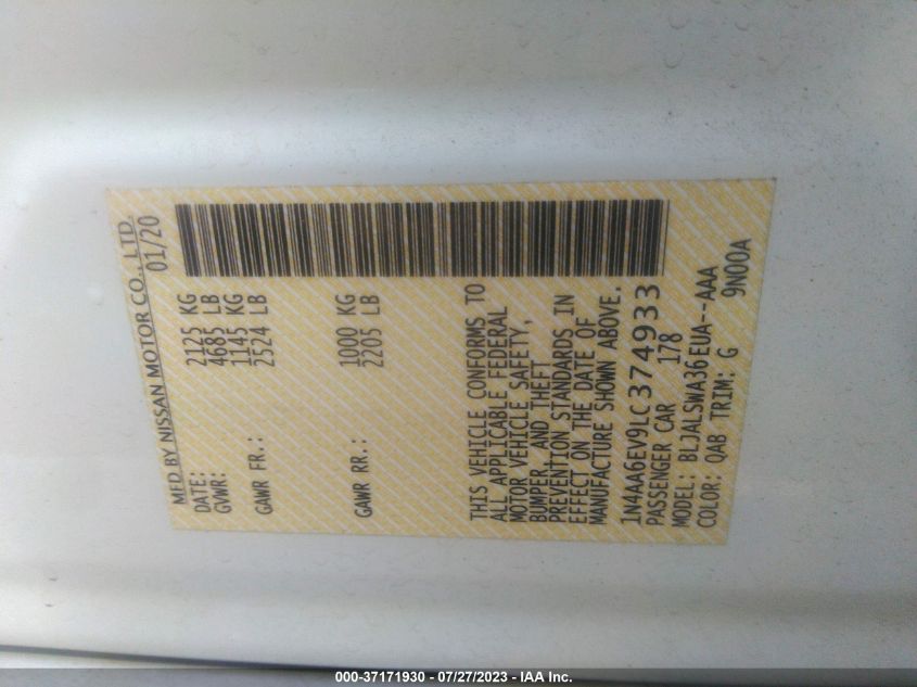2020 NISSAN MAXIMA SR - 1N4AA6EV9LC374933