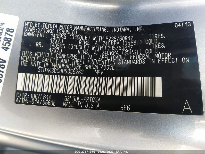 2013 TOYOTA SIENNA XLE AAS/XLE/LTD - 5TDYK3DC8DS359263