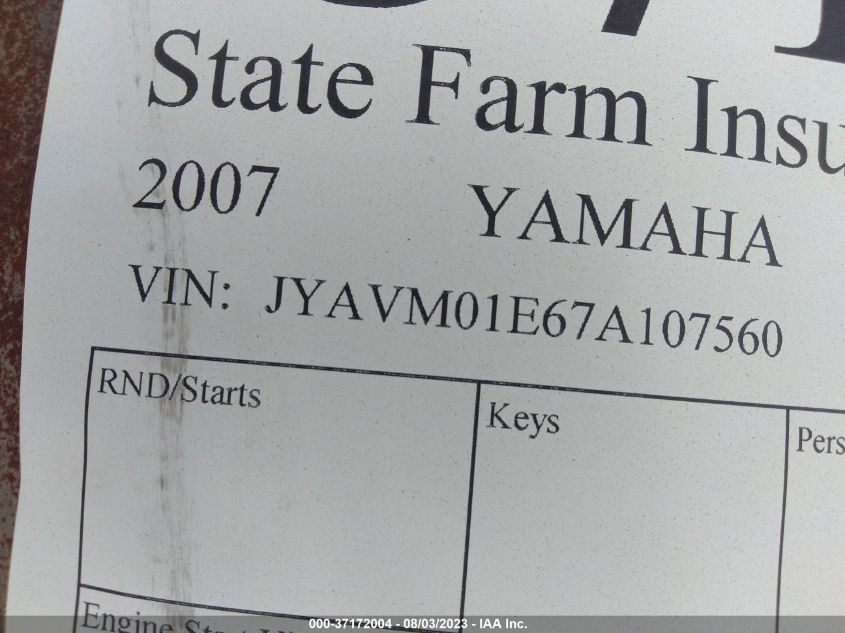 2007 YAMAHA XVS650 JYAVM01E67A107560