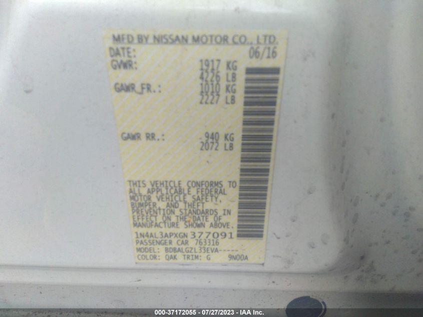 2016 NISSAN ALTIMA 2.5 - 1N4AL3APXGN377091