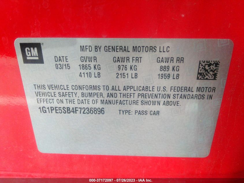 2015 CHEVROLET CRUZE LT - 1G1PE5SB4F7236896