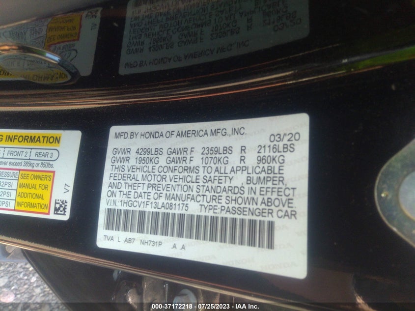 VIN 1HGCV1F13LA081175 2020 HONDA ACCORD SEDAN LX