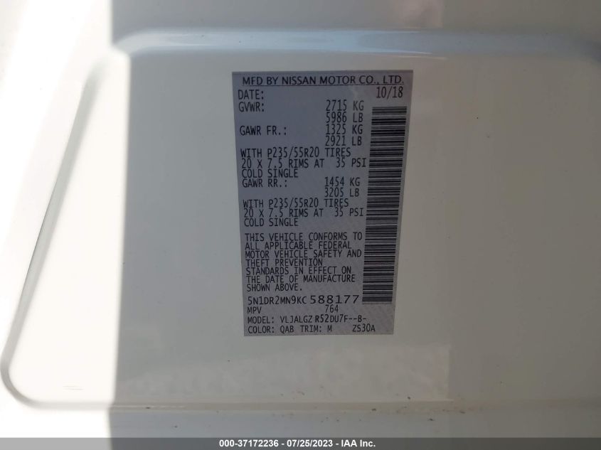 2019 NISSAN PATHFINDER SL - 5N1DR2MN9KC588177