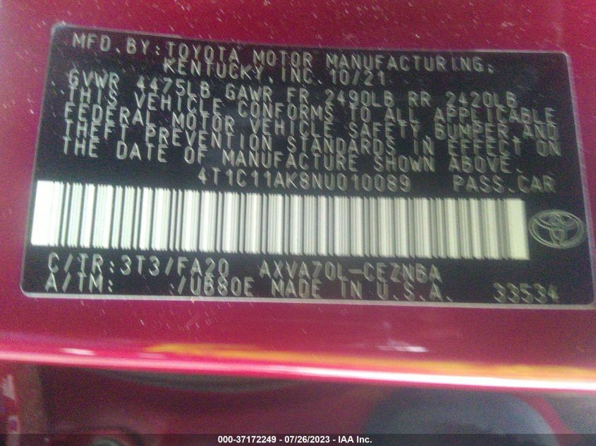 2022 TOYOTA CAMRY LE - 4T1C11AK8NU010089