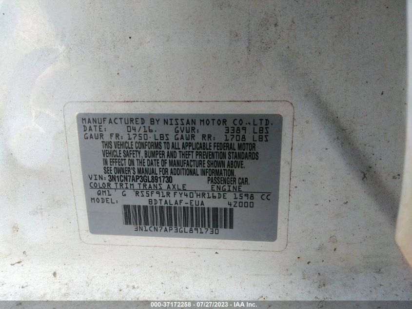 2016 NISSAN VERSA S - 3N1CN7AP3GL891730