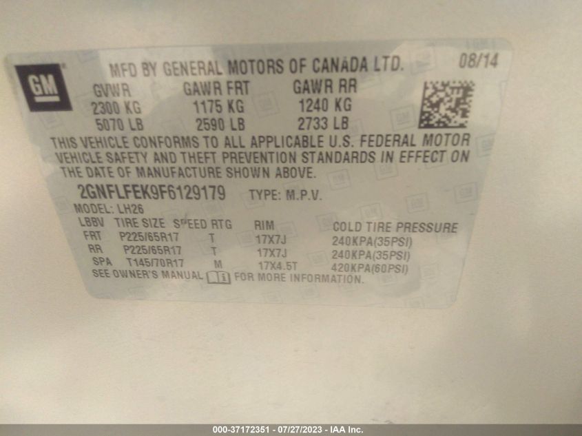 2015 CHEVROLET EQUINOX LT - 2GNFLFEK9F6129179
