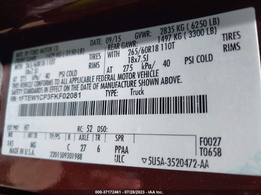 2015 FORD F-150 XL/LARIAT/XLT - 1FTEW1CP3FKF02081
