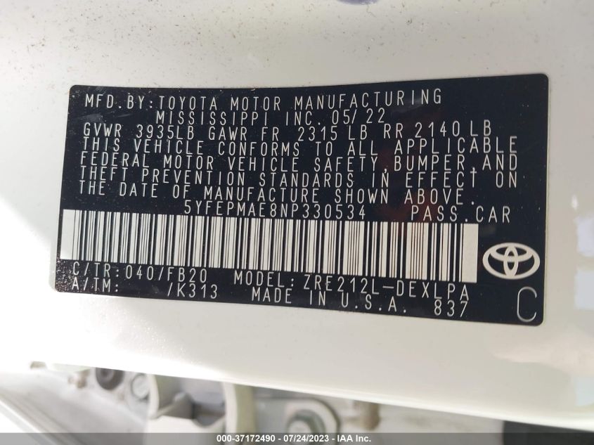 2022 TOYOTA COROLLA LE - 5YFEPMAE8NP330534