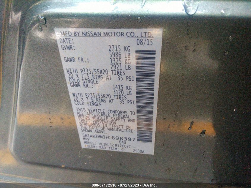 2015 NISSAN PATHFINDER PLATINUM - 5N1AR2MM3FC698397