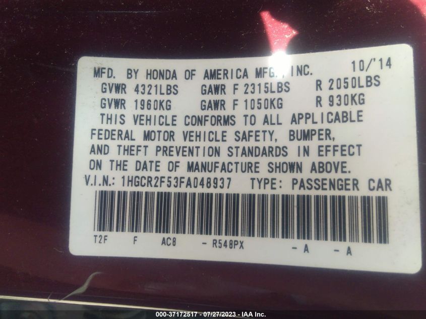 2015 HONDA ACCORD SEDAN SPORT - 1HGCR2F53FA048937