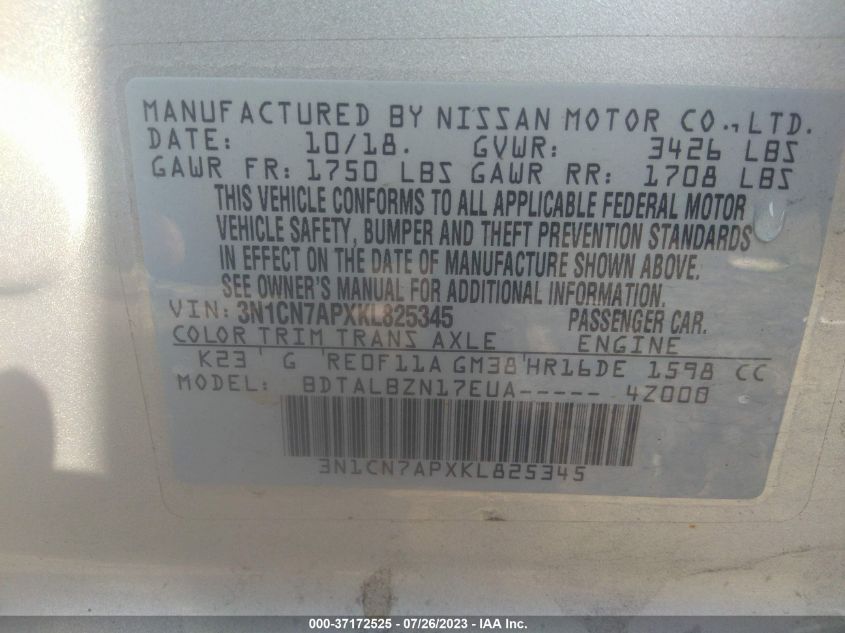 2019 NISSAN VERSA SEDAN SV - 3N1CN7APXKL825345