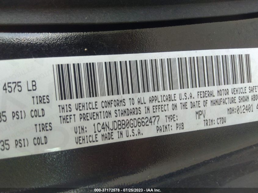 2016 JEEP COMPASS SPORT - 1C4NJDBB0GD662477