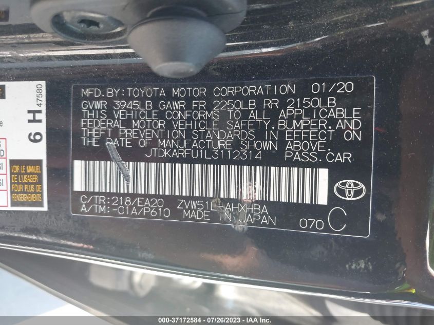 2020 TOYOTA PRIUS L ECO/LE/XLE/LIMITED - JTDKARFU1L3112314