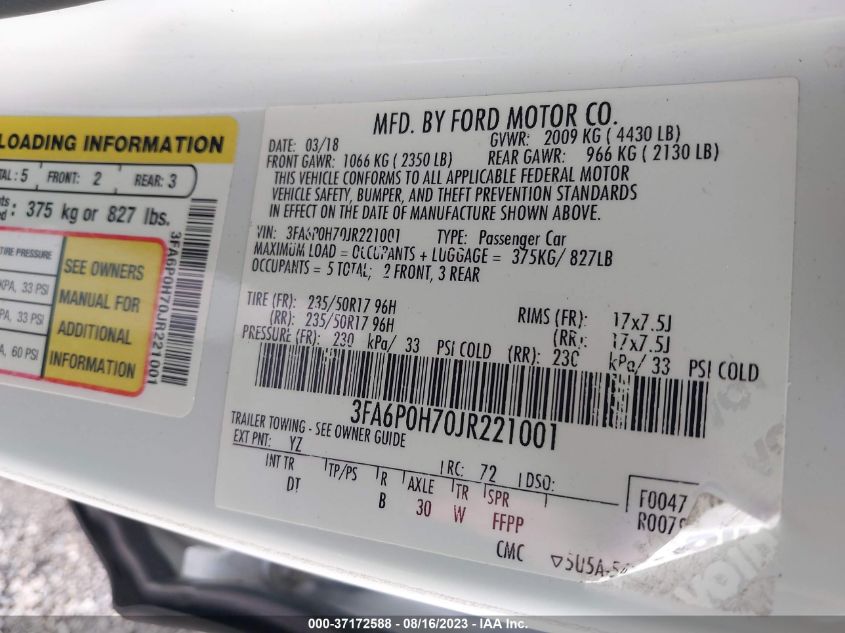 2018 FORD FUSION SE - 3FA6P0H70JR221001