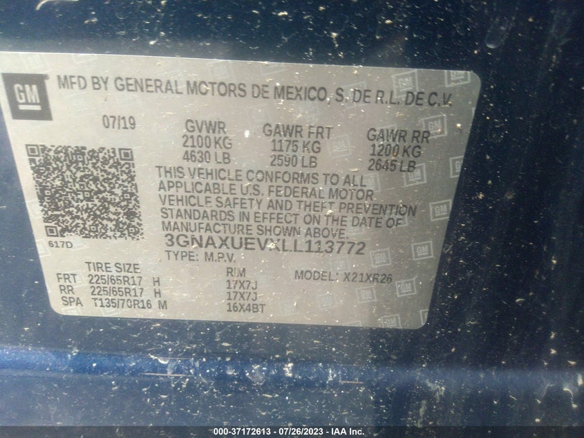 VIN 3GNAXUEVXLL113772 2020 CHEVROLET EQUINOX LT