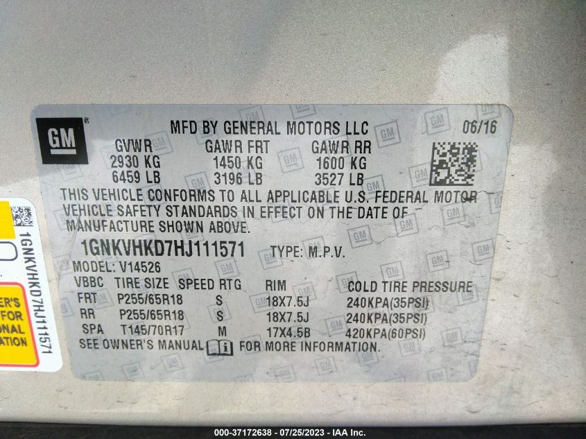 2017 CHEVROLET TRAVERSE LT - 1GNKVHKD7HJ111571