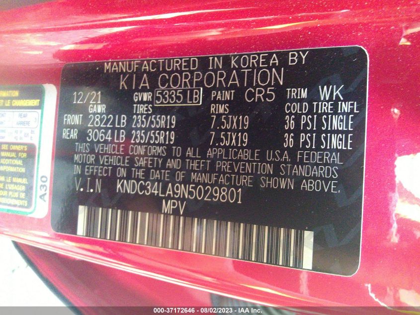 2022 KIA EV6 WIND KNDC34LA9N5029801