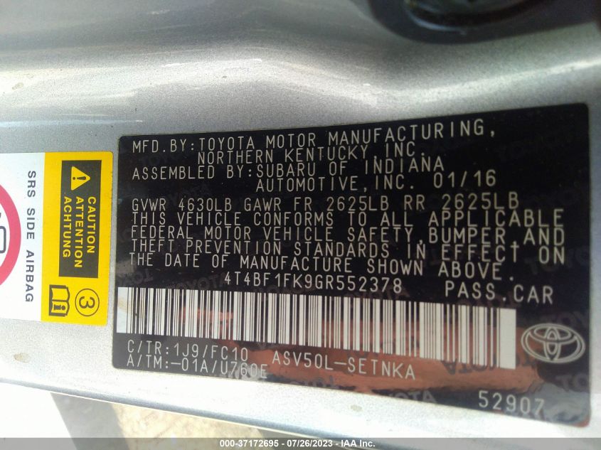 2016 TOYOTA CAMRY XLE/SE/LE/XSE - 4T4BF1FK9GR552378