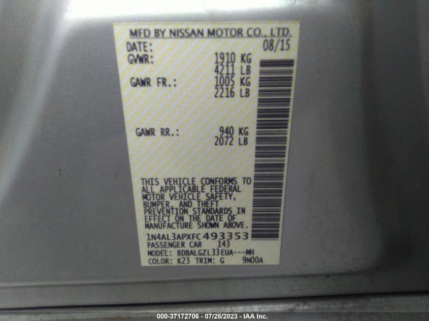 2015 NISSAN ALTIMA 2.5 S - 1N4AL3APXFC493353