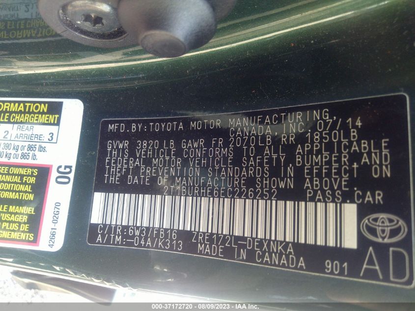 2014 TOYOTA COROLLA L/LE/S/S PLUS/LE PLUS - 2T1BURHE6EC226252