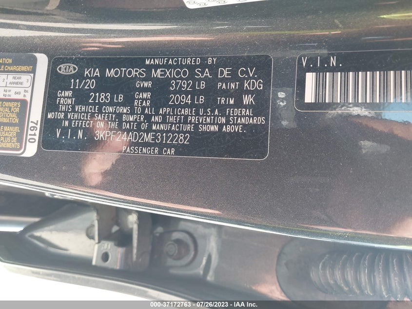 VIN 3KPF24AD2ME312282 2021 KIA FORTE LXS