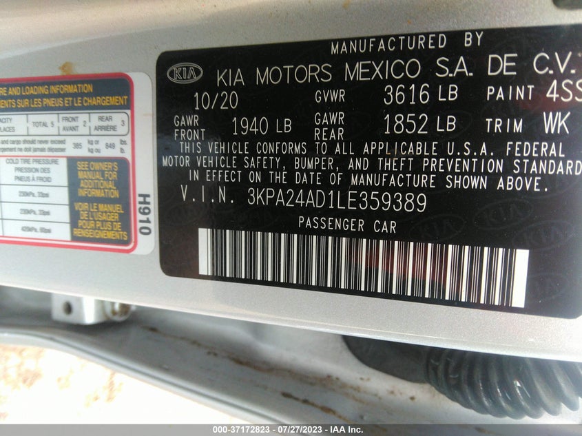 VIN 3KPA24AD1LE359389 2020 KIA RIO S