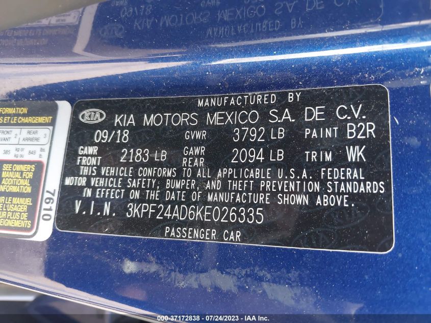 3KPF24AD6KE026335 Kia Forte LXS 9