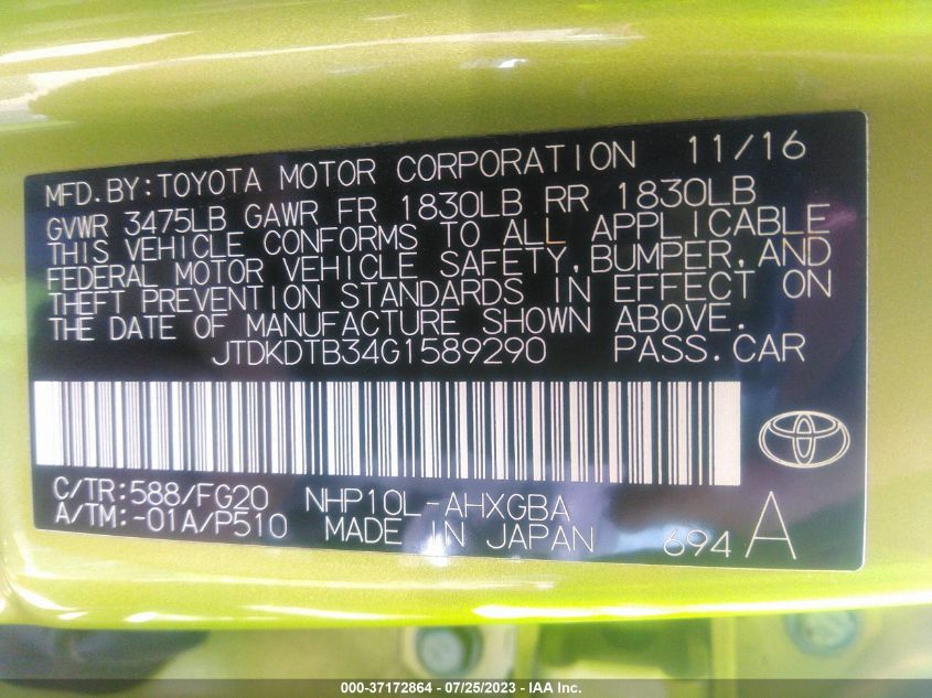 2016 TOYOTA PRIUS C ONE/TWO/THREE/FOUR - JTDKDTB34G1589290