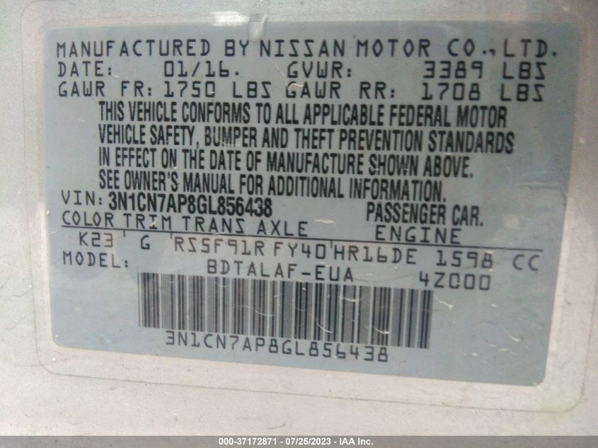 2016 NISSAN VERSA S/S PLUS/SV/SL - 3N1CN7AP8GL856438