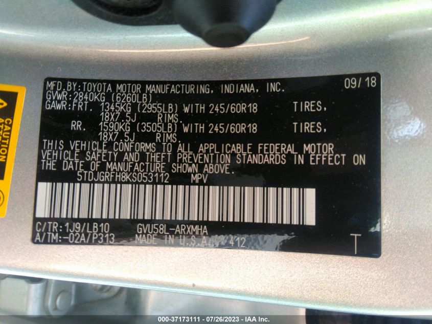 2019 TOYOTA HIGHLANDER HYBRID XLE - 5TDJGRFH8KS053112