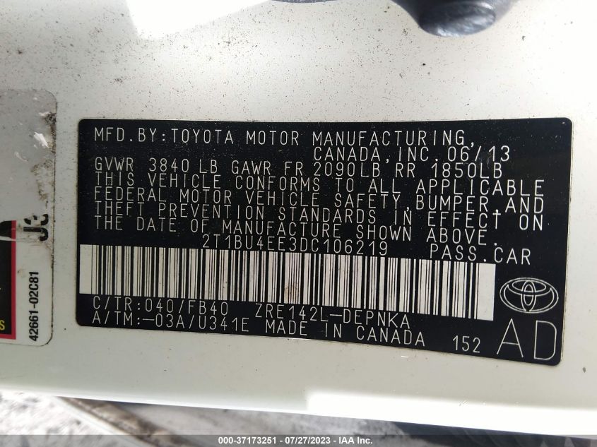 2013 TOYOTA COROLLA L/LE/S - 2T1BU4EE3DC106219