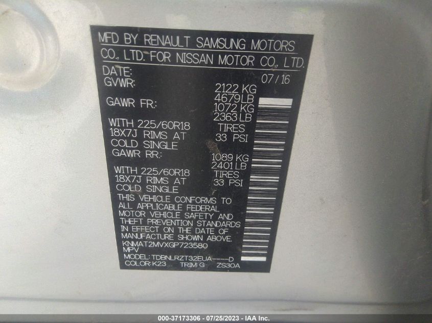 2016 NISSAN ROGUE SL - KNMAT2MVXGP723580