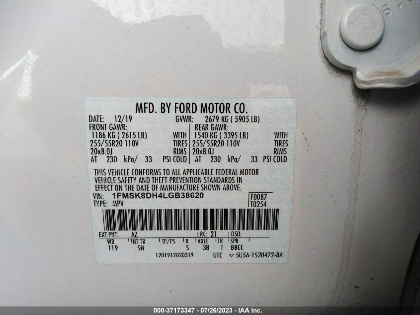 2020 FORD EXPLORER XLT - 1FMSK8DH4LGB38620