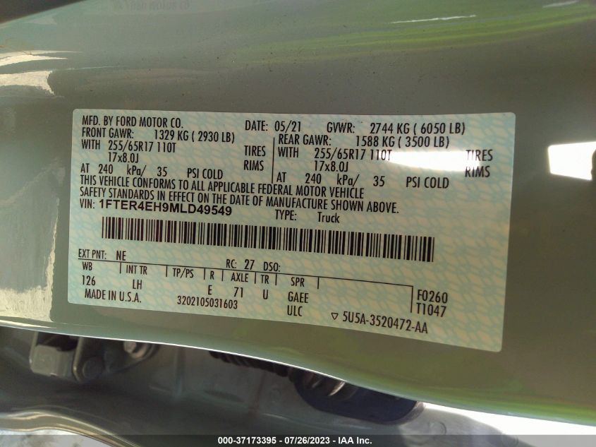 2021 FORD RANGER XL/XLT/LARIAT - 1FTER4EH9MLD49549