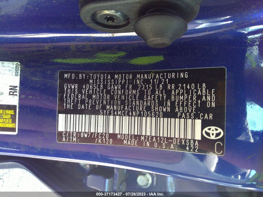 2022 TOYOTA COROLLA SE/NIGHT SHADE - 5YFS4MCE4NP105620