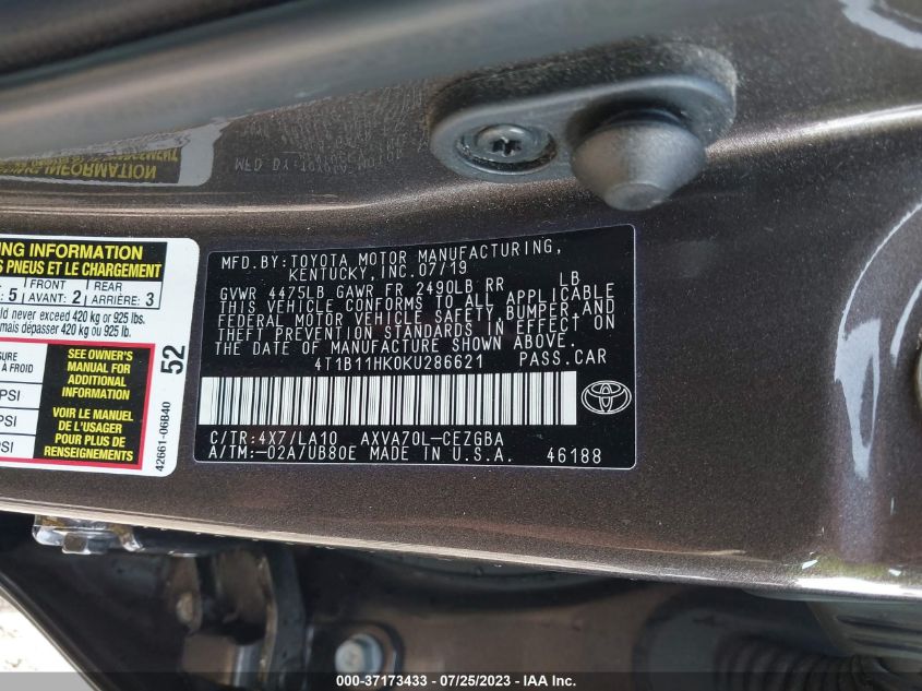 2019 TOYOTA CAMRY LE/SE/XLE/L - 4T1B11HK0KU286621