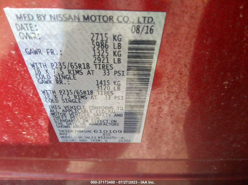 2017 NISSAN PATHFINDER SV - 5N1DR2MM5HC610109