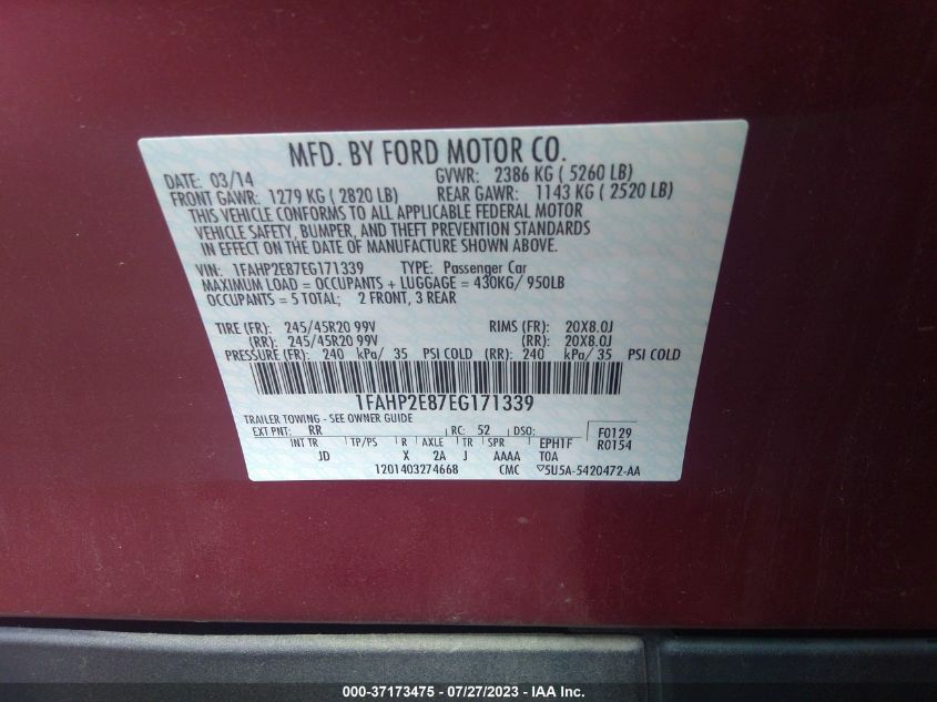 2014 FORD TAURUS SEL - 1FAHP2E87EG171339