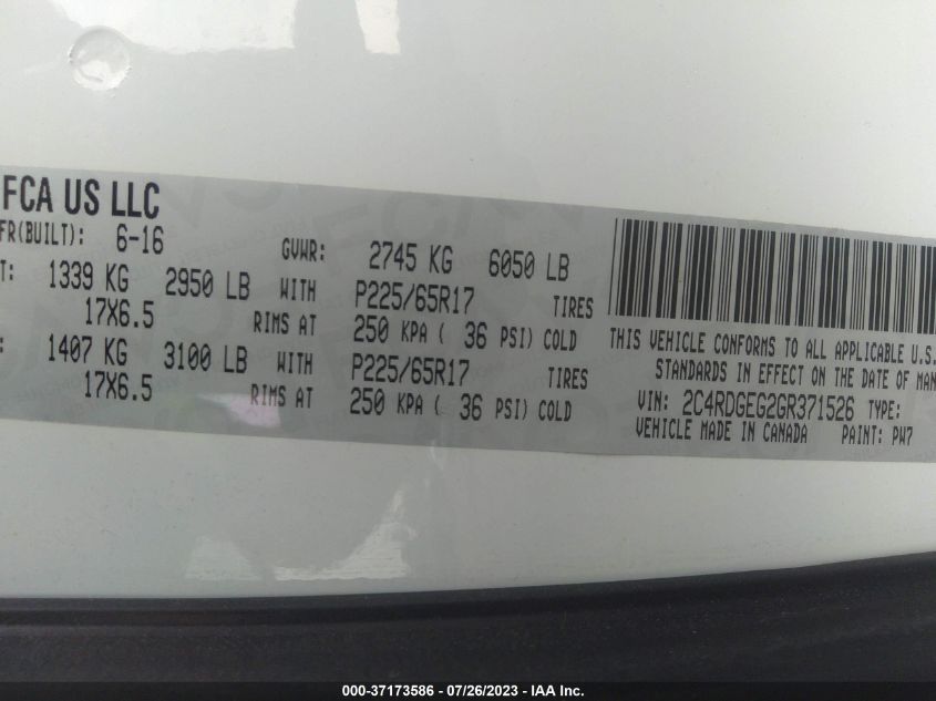 2016 DODGE GRAND CARAVAN R/T - 2C4RDGEG2GR371526