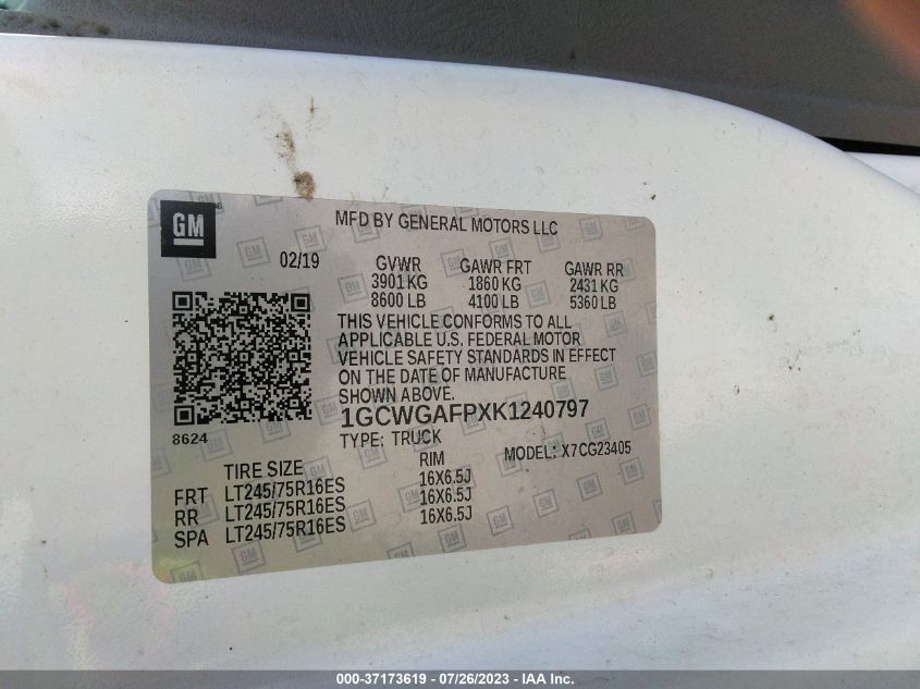 2019 CHEVROLET EXPRESS CARGO VAN - 1GCWGAFPXK1240797